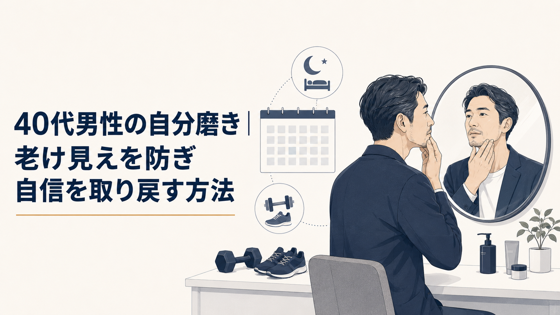 鏡の前で身だしなみを確認しながら運動と睡眠を含む30日間の自分磨き計画を立てる40代男性