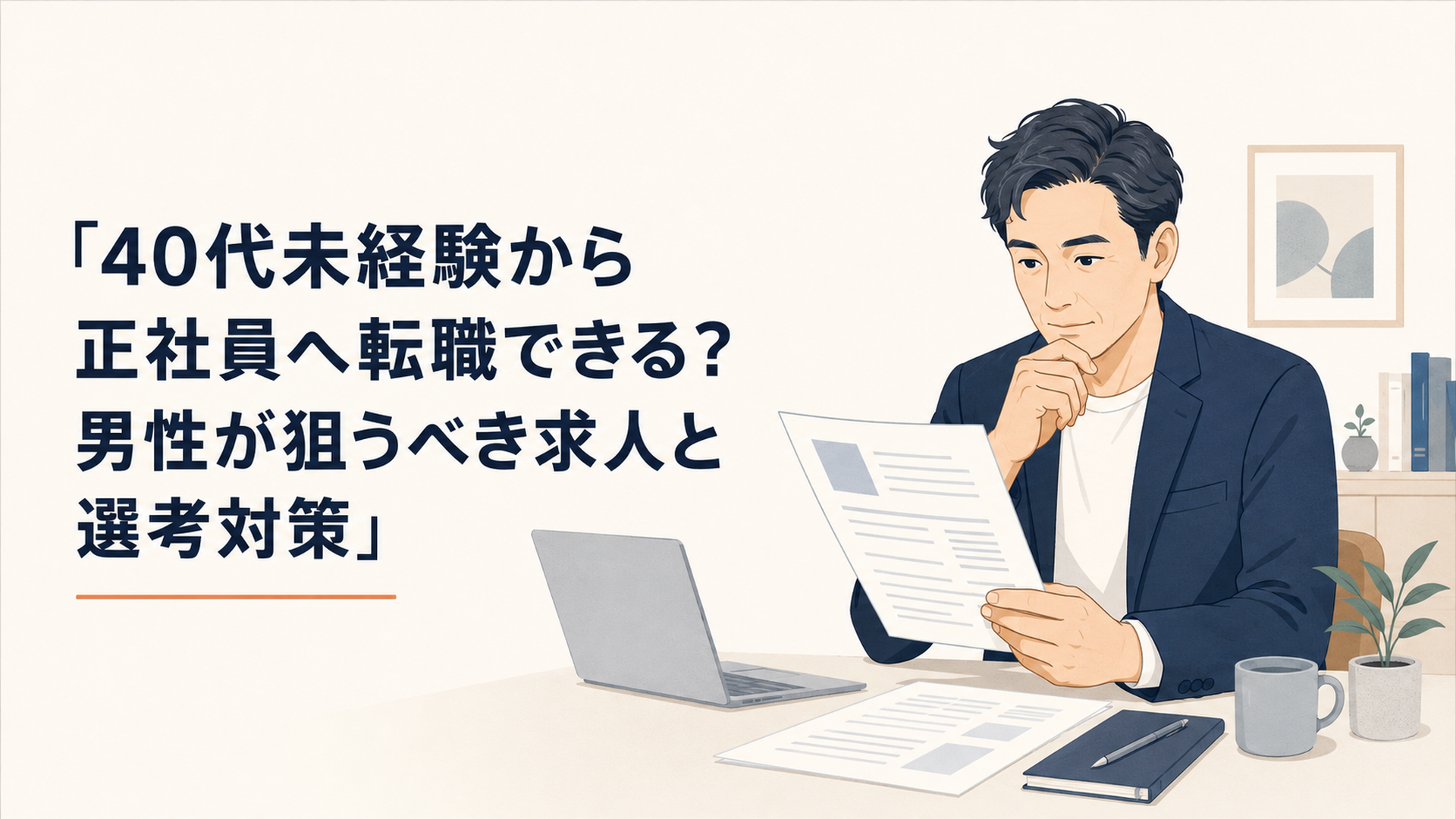未経験から正社員への転職に向けて求人票と職務経歴書を確認する40代男性