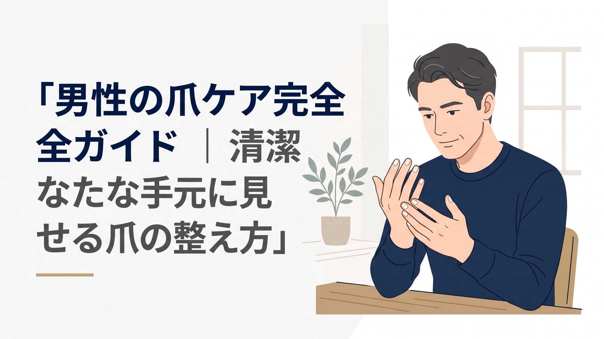 清潔に整えられた手元を確認する40代男性。短すぎず自然な長さに整った爪を主役にした、ネイビー・チャコールグレー・白・ライトアイボリー基調のScandinavian minimalな16:9イラスト。人物は右寄せ、左側に広い余白
