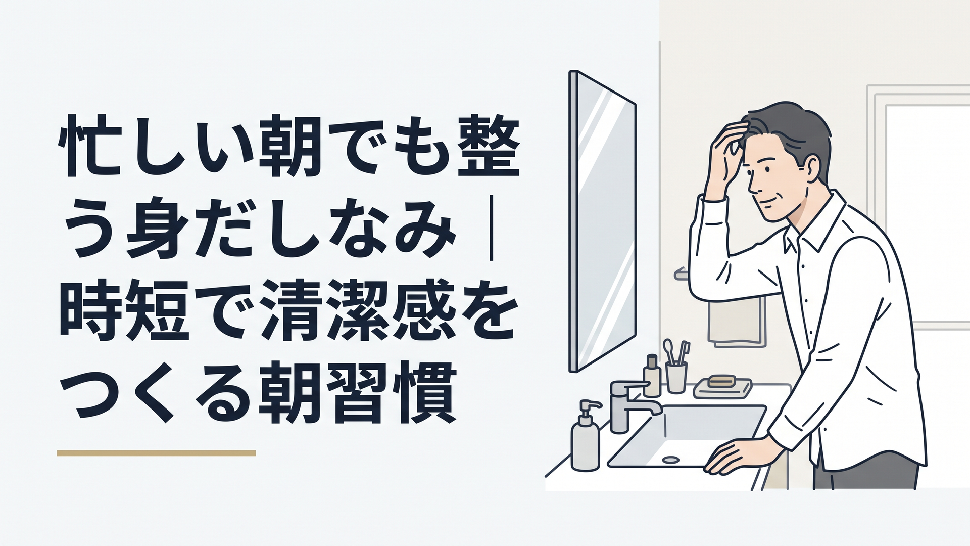 出勤前の洗面台で髪と身だしなみを整える40代男性。清潔感のある白シャツ、整頓された洗面スペース、忙しい朝でも落ち着いて準備している様子。Scandinavian minimal、ネイビー・白・ライトアイボリーを基調、自然光、16:9、人物は右寄せ