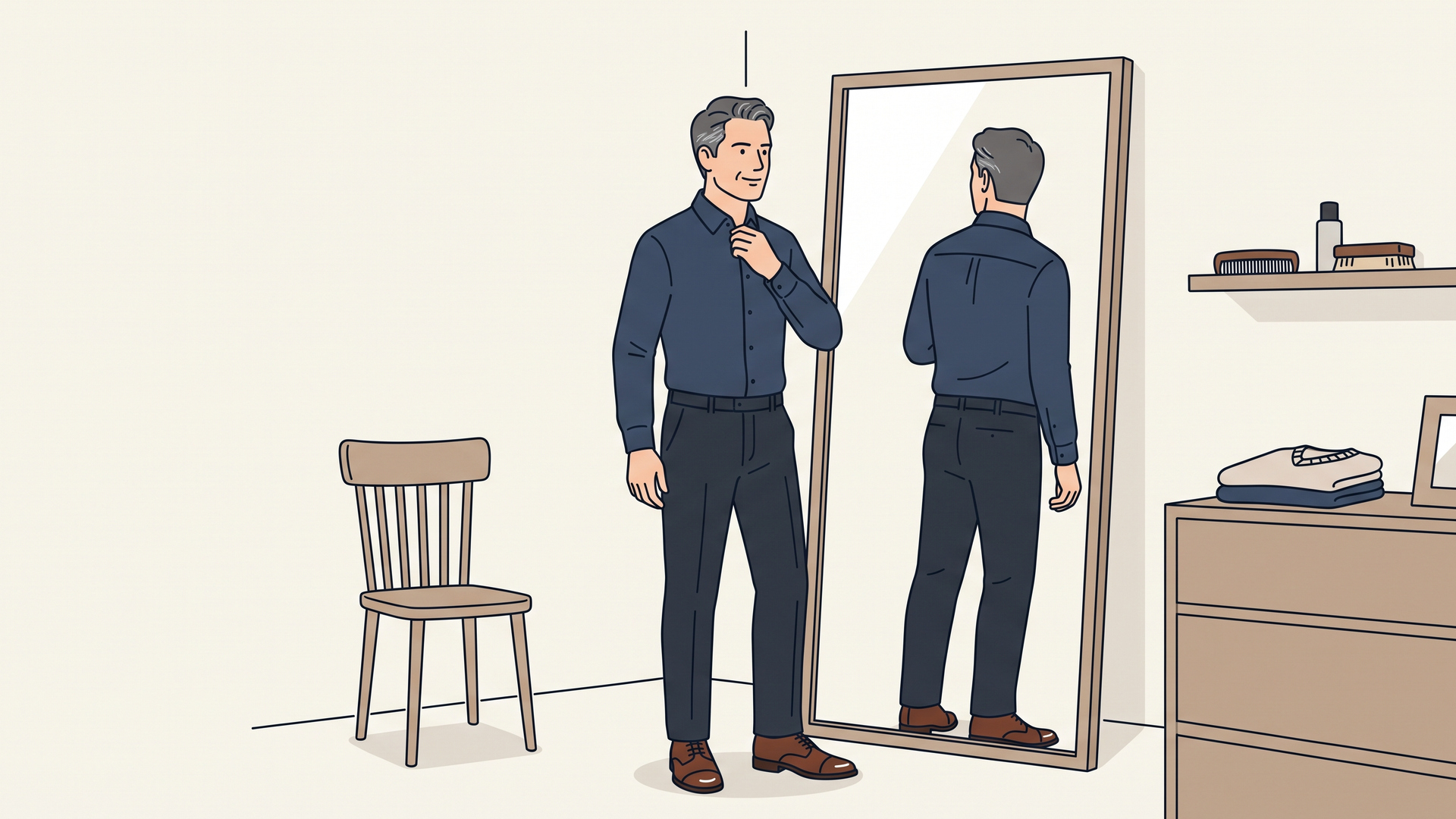 鏡の前でシャツや靴の清潔感を確認する40代男性