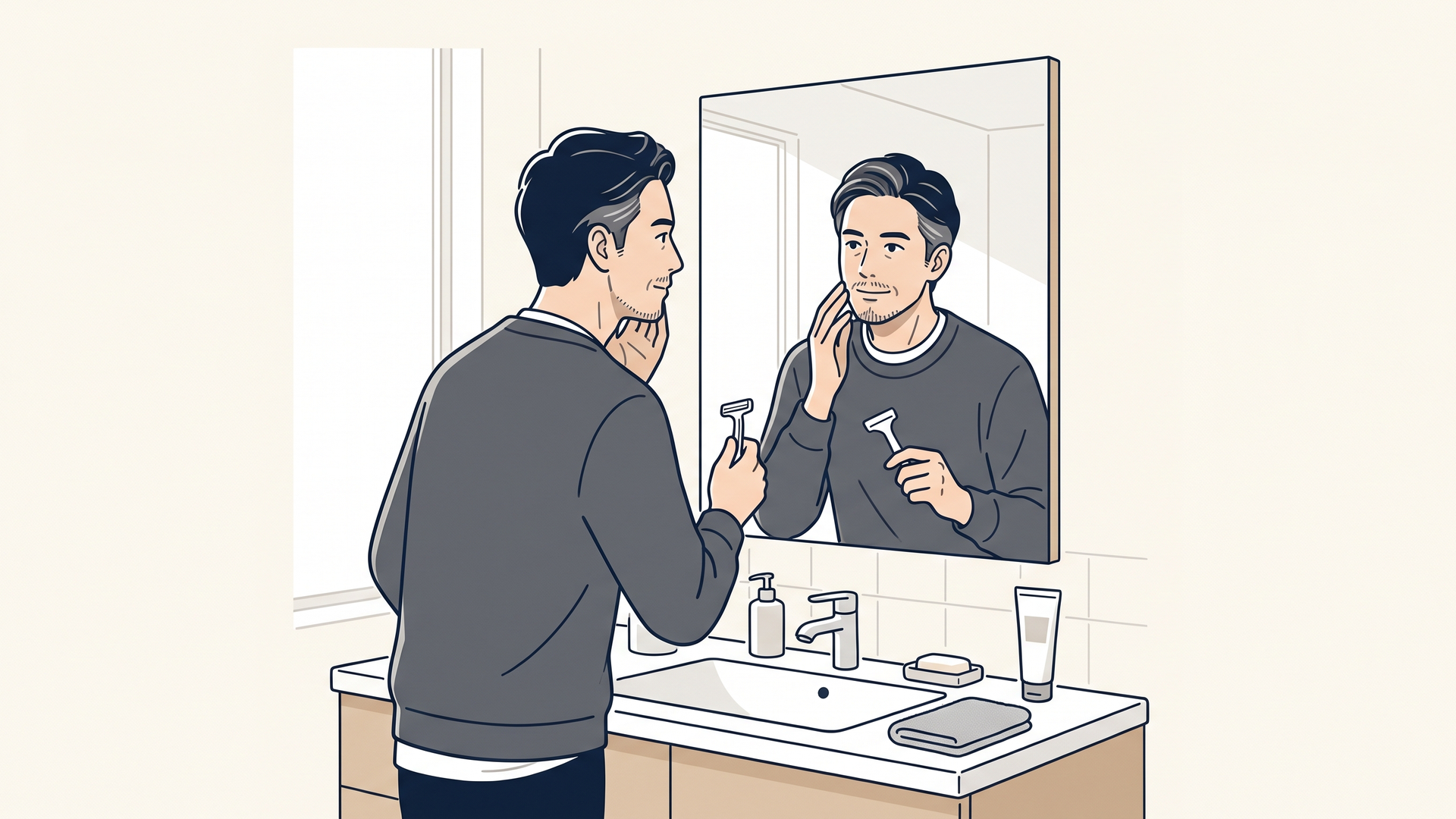 洗面台の鏡の前で朝の身だしなみを整える40代男性