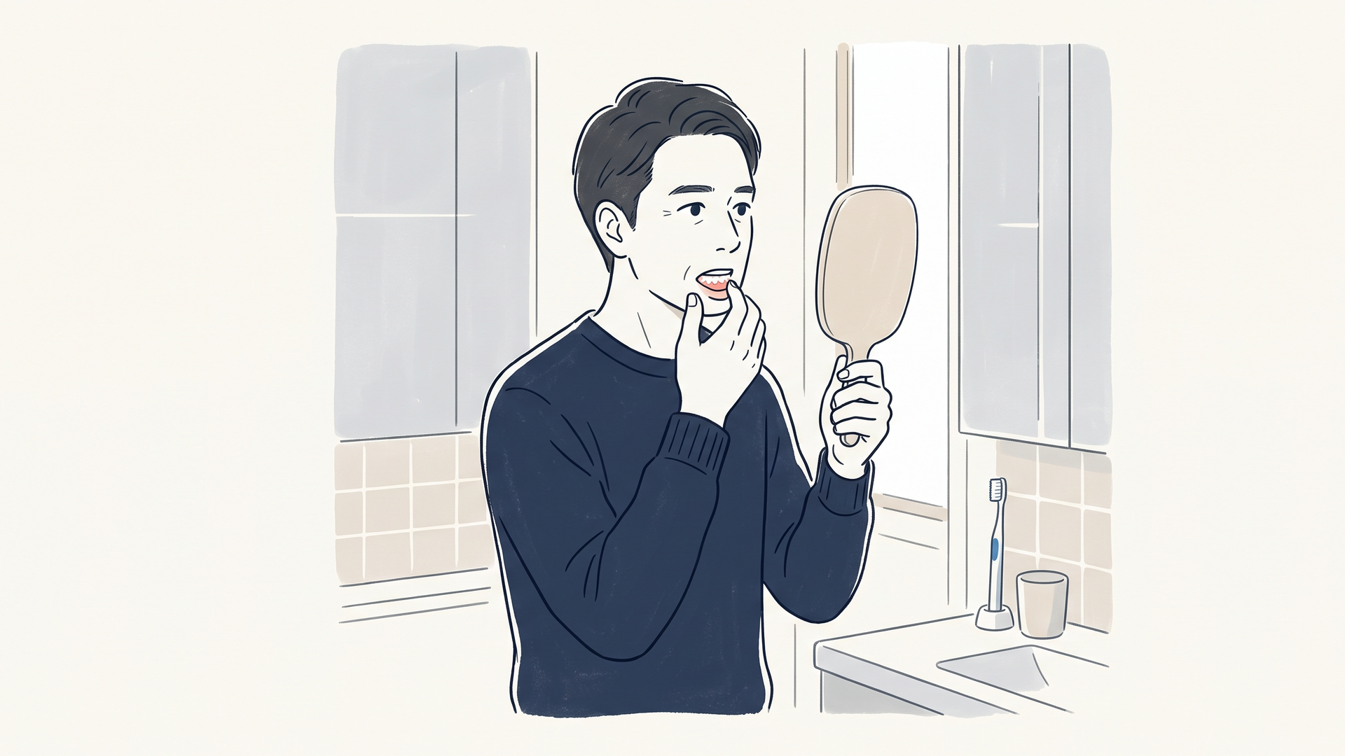 40代男性が歯ぐきの出血や腫れを鏡で確認している場面