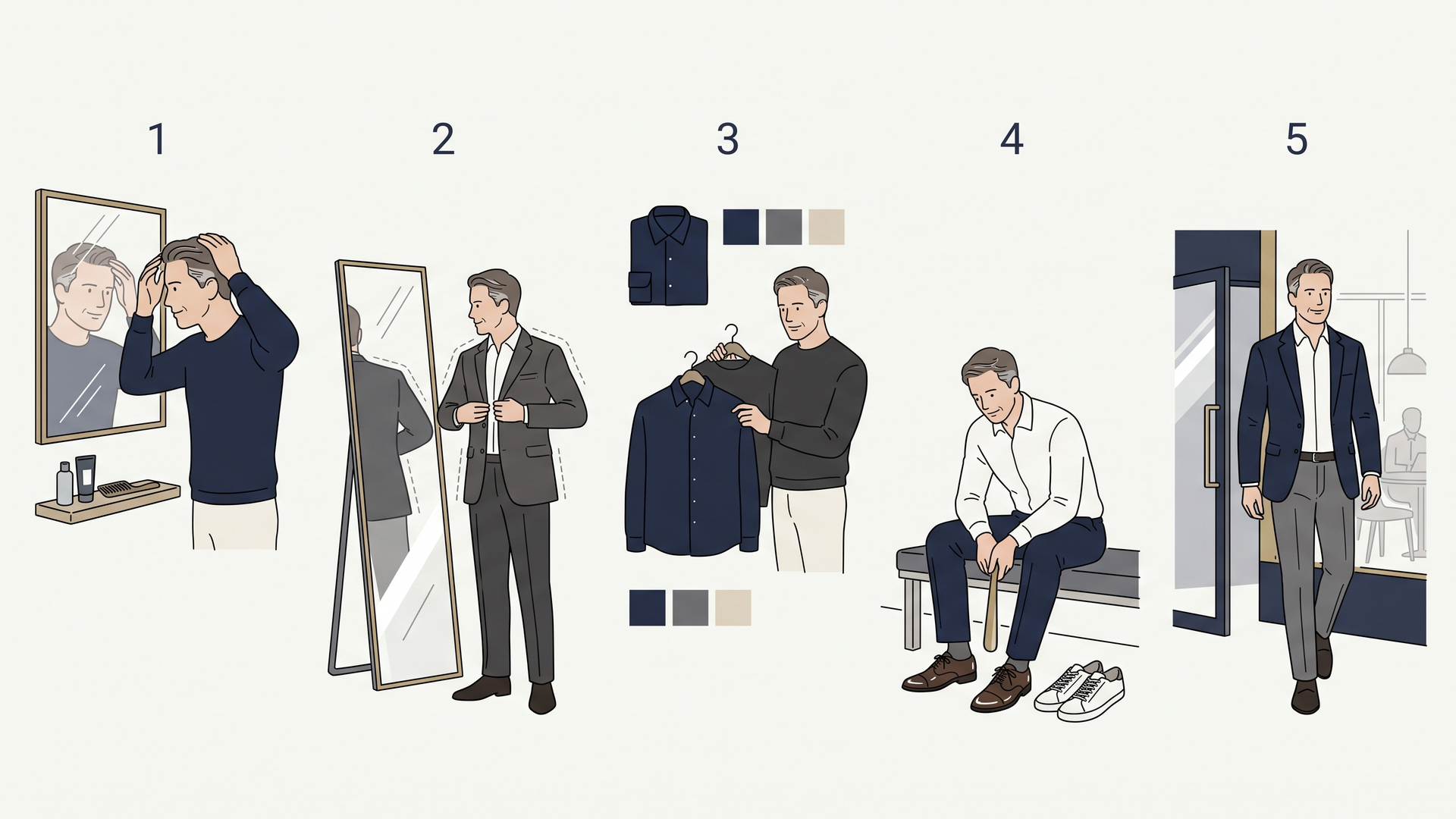 清潔・サイズ・色・靴・場面の5項目を確認する大人メンズ服装図解