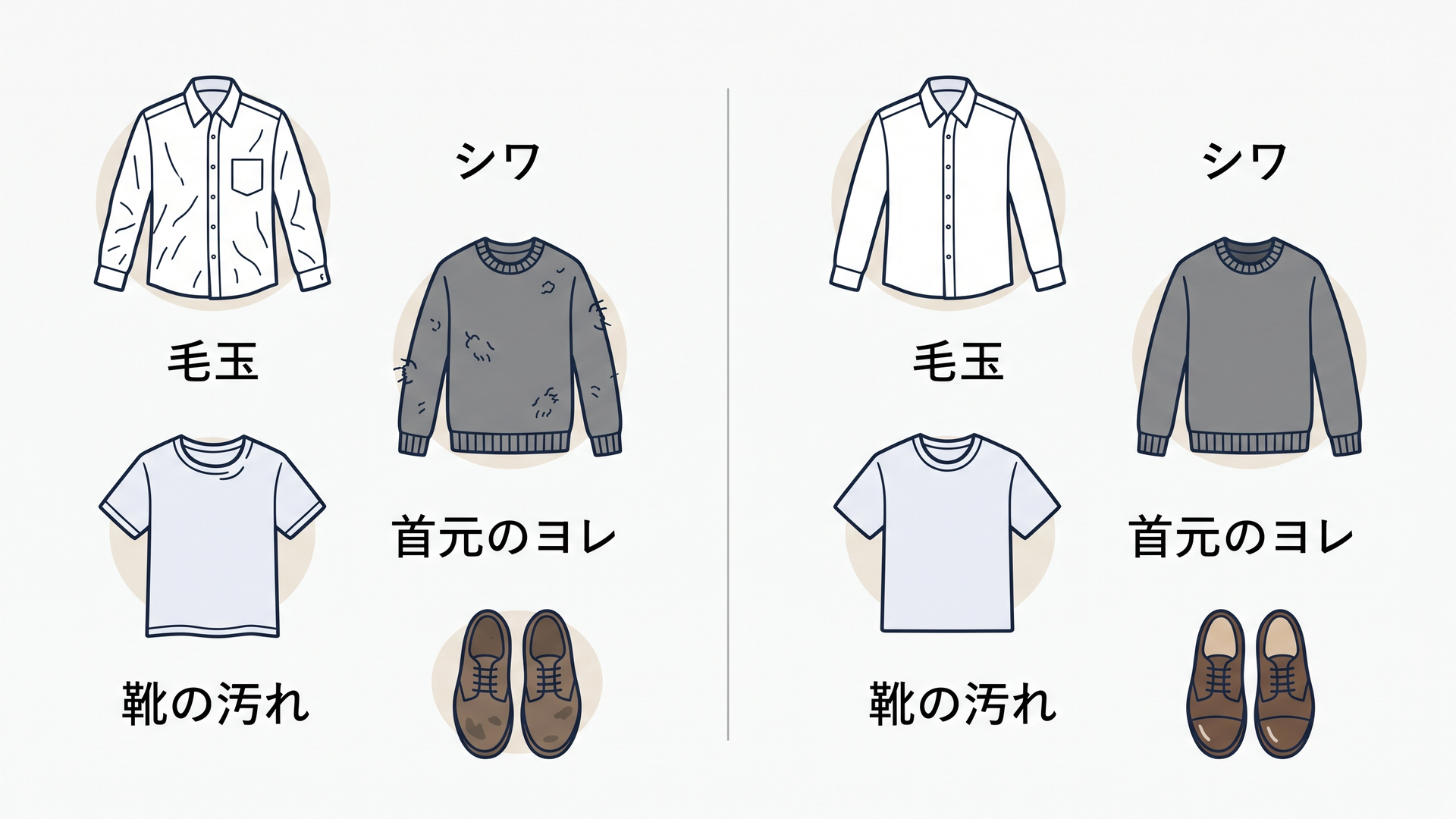 服のシワや汚れを確認する40代男性