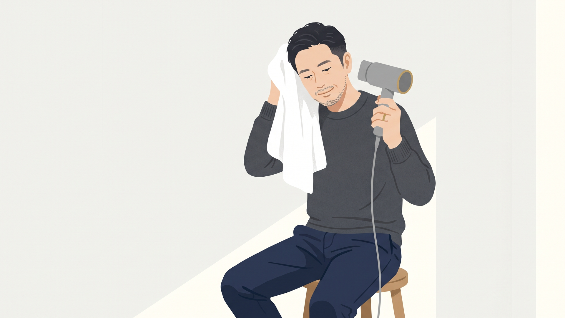 タオルとドライヤーで髪と頭皮をやさしく乾かす男性