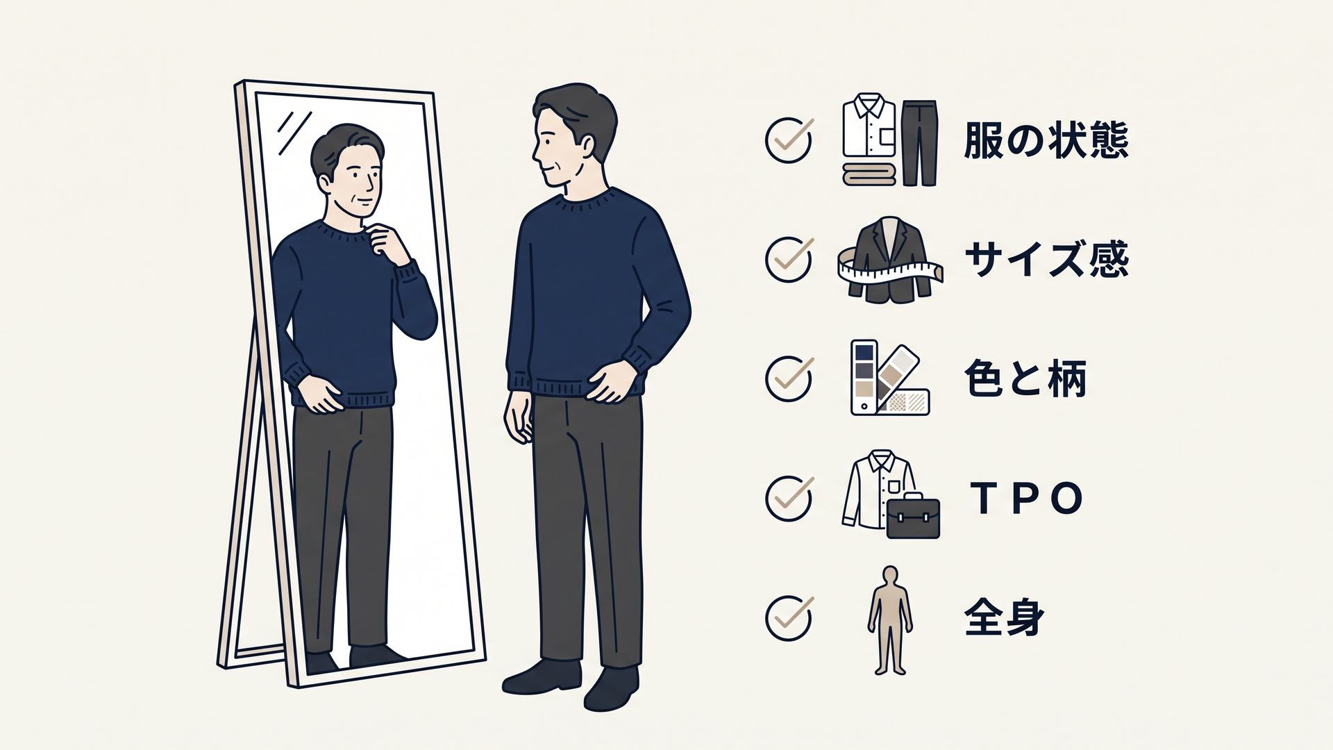 鏡から離れて全身の服装を確認する40代男性