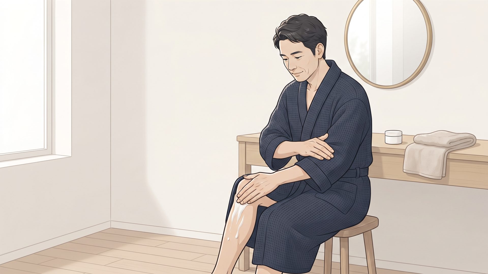 40代男性が入浴後に保湿ケアをするイメージ